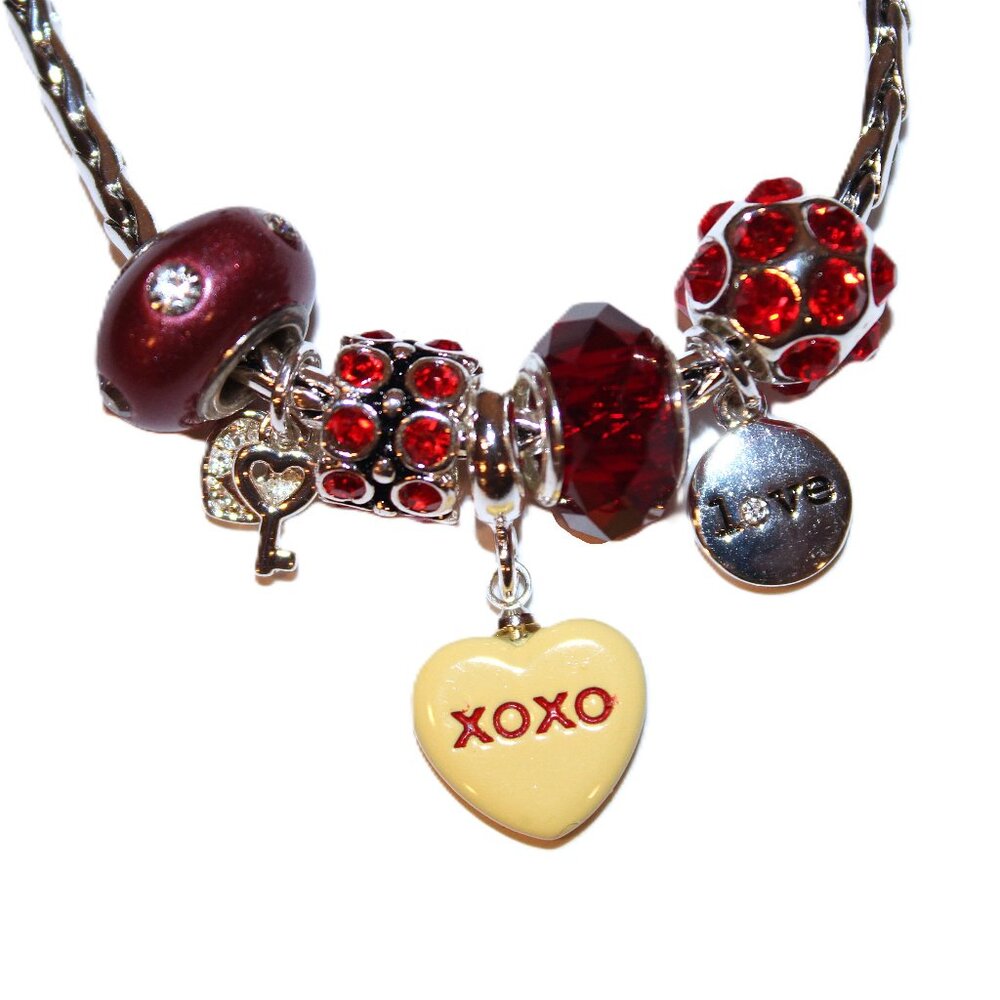 DaVinci Charm Bracelet 8.5" 7 Beads - Valentine's Day XOXO Hearts Love Red CZ
